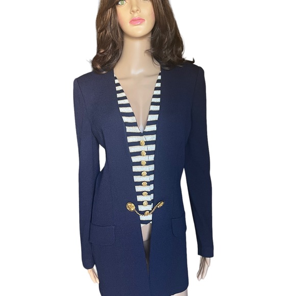 St. John collection Layered wool knit blue gold blazer/coat size 12 - Picture 11 of 16